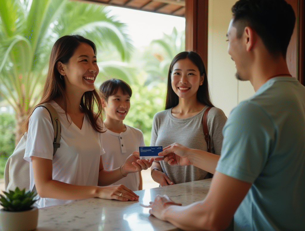 Gia đình Việt Nam làm thủ tục nhận phòng resort bằng thẻ nghỉ dưỡng