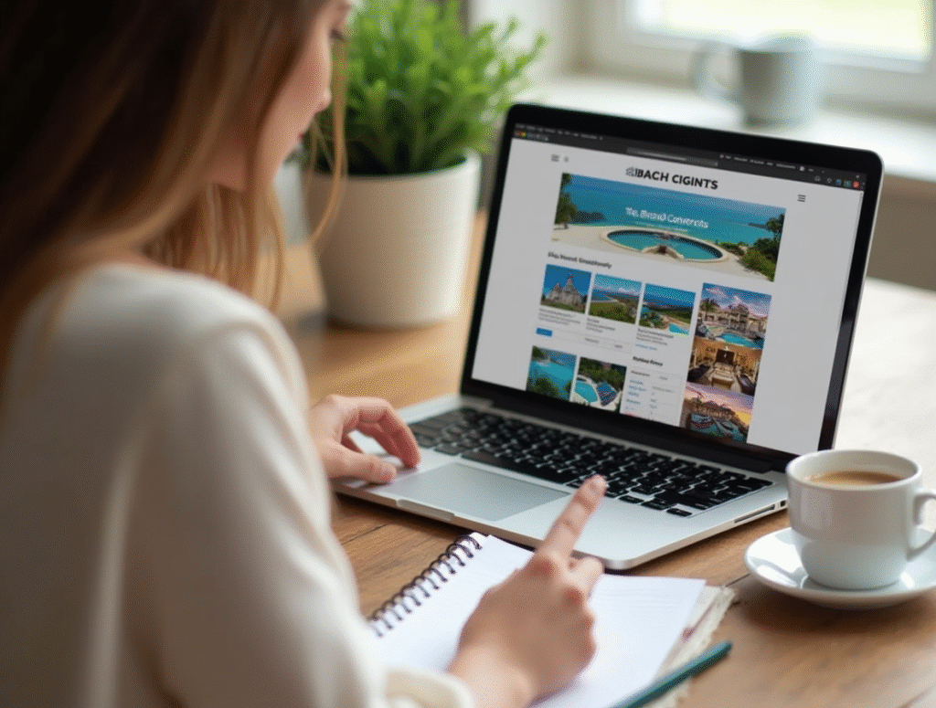 Blogger đang viết bài đánh giá thẻ nghỉ dưỡng trên laptop